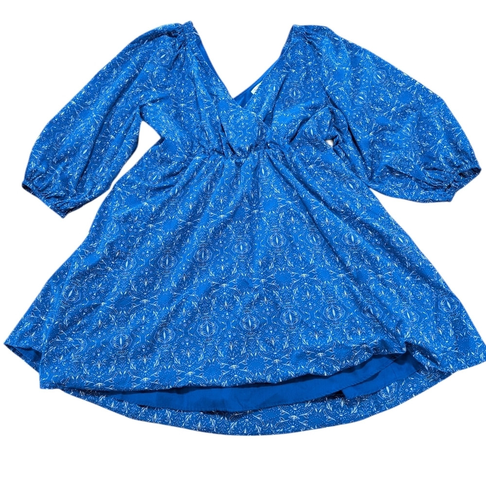 Signature by Reitmans Puff Sleeve Mini Dress Blue Paisley V-Neck Size Women's XL